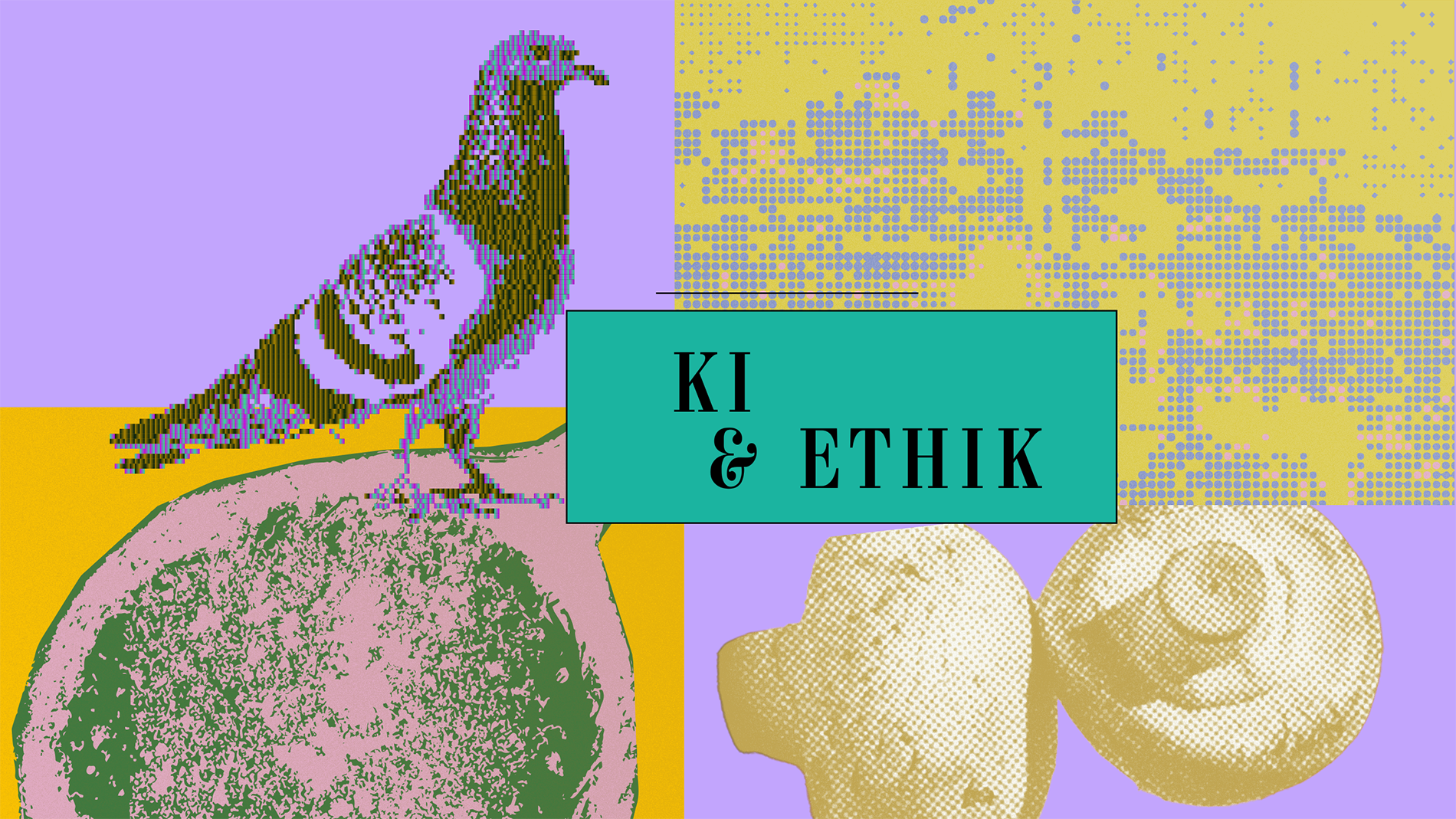 Illustration mit einer stilisierten Taube, Granatapfel, Pilzen und abstrakten digitalen Formen und dem Schriftzug „KI Ethik“